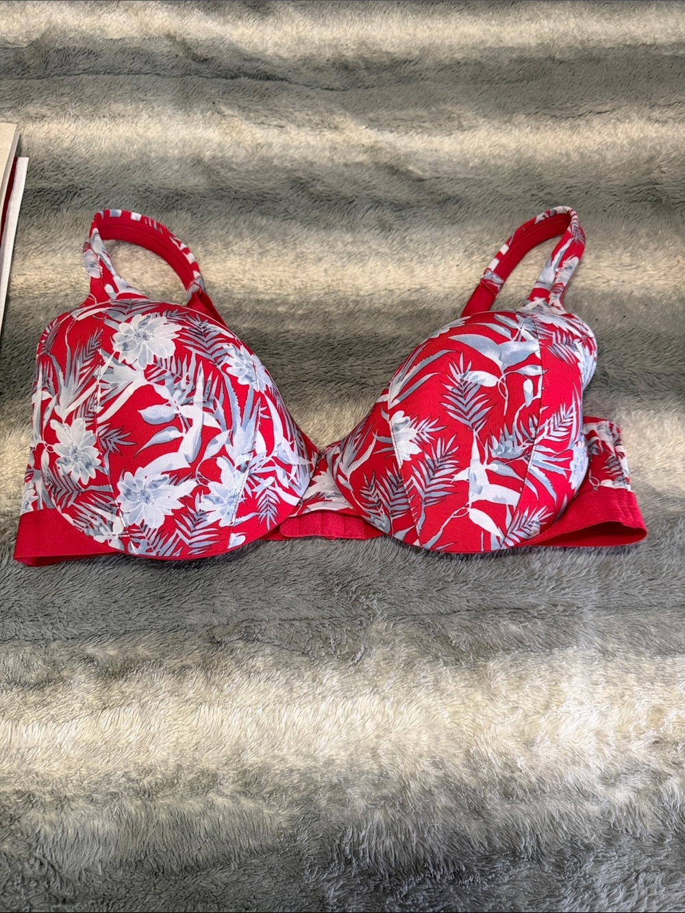 Cacique Red Floral Underwire Bra with White Tropical Print
